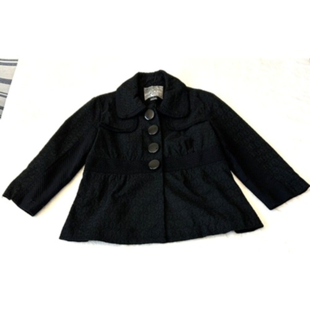 Mac & Jac Black Women's Eyelet 3/4 Sleeve Cropped Jacket Sz 6 Black Lined Button